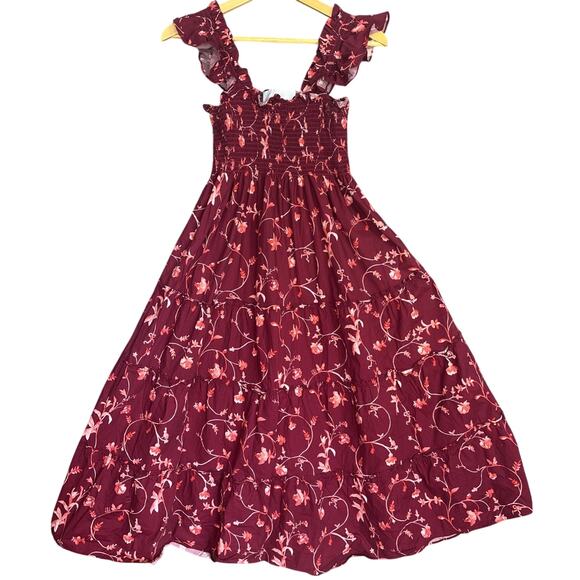 Hill House Home Dresses & Skirts - Hill House Home The Nap Dress Ellie XS Burgundy Red Floral Smocked Tiered Midi